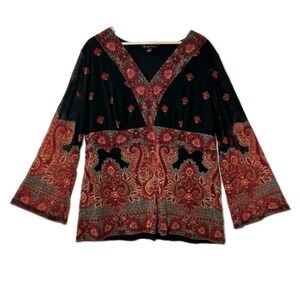 Vtg INC Babydoll Top Black Paisley Mesh Bell Sleeve Y2K Whimsigoth Fairy Boho 2X